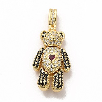 Rack Plating Brass Micro Pave Cubic Zirconia Pendants, Cadmium Free & Lead Free, Real 18K Gold Plated, Long-Lasting Plated, Mechanical Charm, Bear with Heart Charm, Black, 32x17.5x8.5mm, Hole: 3x6.5mm