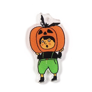 Printed Acrylic Pendant, Halloween Theme, Boy & Pumpkin, 40.5x21x1.5mm, Hole: 2mm