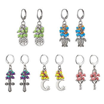 Tibetan Style Alloy Dangle Leverback Earrings, Glass Seed Cluster Earrings, Mixed Shapes, 39~45mm