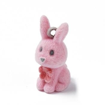 Flocky Opaque Resin Pendants, with Platinum Tone Iron Loops, Rabbit, 27.5x12x15.5mm, Hole: 1.8mm