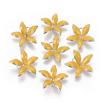 Brass Enamel Peg Bails Pendants, For Half Drilled Beads, Nickel Free, Flower, Real Platinum Plated, Gold, 23x24x6mm, Hole: 2mm, Pin: 1mm