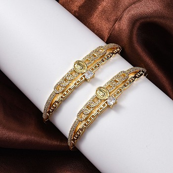 Rack Plating Brass Micro Pave Cubic Zirconia Hinged Bangles, Lead Free & Cadmium Free, Virgin Marry, Real 18K Gold Plated, Inner Diameter: 2-3/8 ~2 inch(6x5.1cm), 14.5mm wide