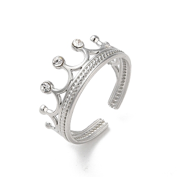 304 Stainless Steel Rhinestone Cuff Rings, Crown, Stainless Steel Color, Adjustable