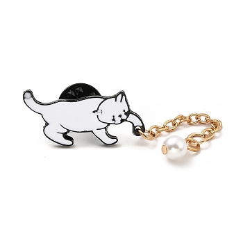 Cat with ABS Pearl Tassel Enamel Pin, Electrophoresis Black Alloy Animal Brooch for Backpack Clothes, White, 14x28x1.5mm