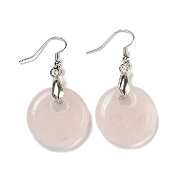 Rack Plating Brass Flat Round Dangle Earrings for Women, with Natural Rose Quartz, Cadmium Free & Lead Free, Platinum, 49x23mm