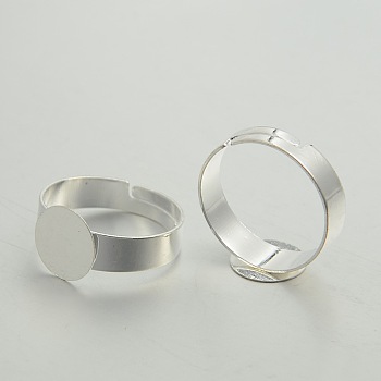 Adjustable Brass Pad Ring Setting Components for Jewelry Making, Flat Round, Silver Color Plated, 18mm, Tray: 10mm