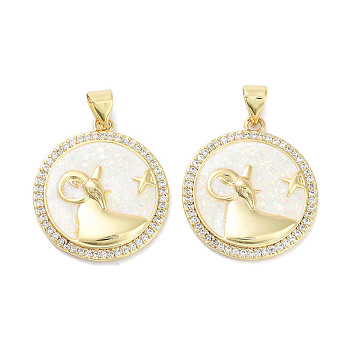 Brass Micro Pave Clear Cubic Zirconia Pendants, with Synthetic Opal and ABS Plastic Pearl, Real 18K Gold Plated, Flat Round with Twelve Constellations Charms, Aries, 23x20x2.5mm, Hole: 4.5x3mm