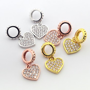 Brass Micro Pave Cubic Zirconia Large Hole European Dangle Heart Charms, Cadmium Free & Nickel Free & Lead Free, Mixed Color, 17mm, Hole: 4mm, Heart: 10x9x1.5mm