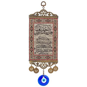 Zinc Alloy & Cloth Hanging Pendant Decorations, with Evil Eye Glass Beads, Rectangle with Scripture Pattern, Antique Bronze, 290x100x2mm, Hole: 13x9.5mm