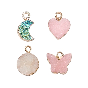 SUNNYCLUE Druzy Resin Pendants, with Golden Tone Brass Findings and Iron Pinch Bails, Fish, Mixed Color, 14~18x3.5~16x3.5~6.5mm, Hole: 1~1.8mm, 16pcs/box