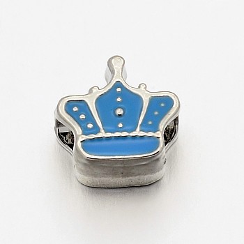 Alloy Enamel Crown Large Hole European Beads, Platinum, Dodger Blue, 12x12x7mm, Hole: 5mm