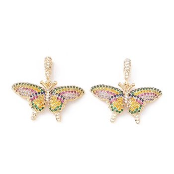 Brass Micro Pave Cubic Zirconia Pendants, Cadmium Free & Lead Free, Real 18K Gold Plated, Butterfly, Colorful, 18x33x4mm, Hole: 9.5x2mm