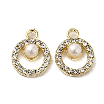 Alloy with Rhinestone Pendants, with ABS Imitation Pearl, Ring Charms, Golden, 18x14x6mm, Hole: 2mm