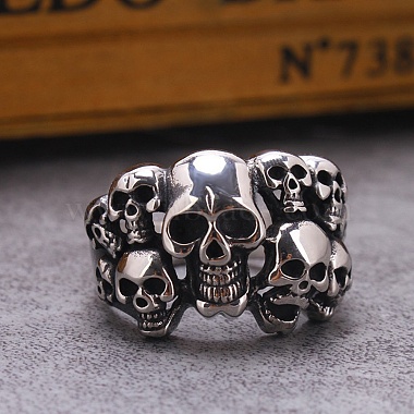 Steam Punk Style Titanium Steel Multi-Skull Finger Rings(SKUL-PW0005-08F)-2