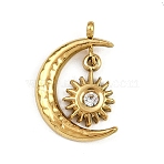 304 Stainless Steel Rhinestone Pendants, Moon & Sun Charms, Golden, 17.5x11.5x2mm, Hole: 1.5mm(X-STAS-L296-11G)