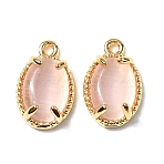 Oval Brass Charms, with Cat Eye, Nickel Free, Real 18K Gold Plated, Pink, 10x6.5x4mm, Hole: 0.9mm(KK-D024-01B-G)