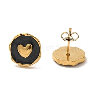 Ion Plating(IP) 304 Stainless Steel Flat Round with Heart Stud Earrings, wtih Enamel, Real 18K Gold Plated, 13x12.5mm(EJEW-C114-15G-01)