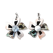 Natural Paua Shell & Black Lip Shell & White Shell Pendants, Flower Charms with Stainless Steel Color Tone Stainless Steel Snap on Bails, 49.5x48x3.5mm, Hole: 6x4.2mm(FIND-A041-02A-P)