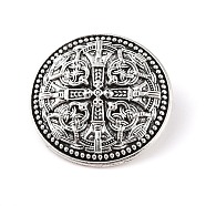 Tibetan Style Alloy Brooches, Flat Round with Knot, Antique Silver, 34.5x34.5x4mm(JEWB-O016-03E-AS)