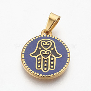 304 Stainless Steel Enamel Pendants, Flat Round with Hamsa Hand/Hand of Fatima /Hand of Miriam, Golden, Royal Blue, Golden, 20x17x2mm, Hole: 4mm(X-STAS-F185-34G)
