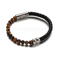 Leather Cord Bracelets, with Tiger Eye Beads & 304 Stainless Steel Magnetic Clasps, 51x63mm(BJEW-E273-02H)