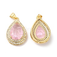 Real 16K Gold Plated Brass Micro Pave Cubic Zirconia Pendants, with Glass, Teardrop Charms, Pink, 23.5x16x7mm, Hole: 5x3.5mm(ZIRC-L103-062G-04)