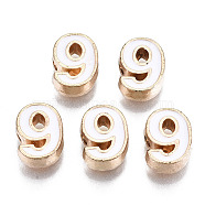 Alloy Enamel Beads, Number, Cadmium Free & Lead Free, Light Gold, White, Num.9, 10x7x3mm, Hole: 1.5mm(ENAM-R055-03-09-RS)