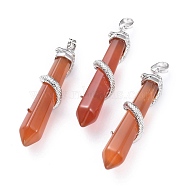 Natural Carnelian/Red Agate Big Pointed Pendants, with Platinum Plated Brass Bails, Faceted, Bullet with Snake, 59~61.5x11~12x11~12mm, Hole: 5x8mm(G-F696-B07)