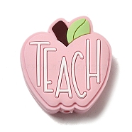Teachers' Day Apple with Word Teach Silicone Focal Beads, Chewing Beads For Teethers, DIY Nursing Necklaces Making, Pink, 30x28x9mm, Hole: 2.5mm(SIL-D005-01A-01)