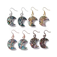 Natural Paua Shell Crescent Moon Dangle Earrings, Brass Wire Wrap Jewelry for Women, Cadmium Free & Lead Free, Mixed Color, 48~50mm, Pin: 0.5mm(EJEW-G307-01)