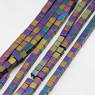 Electroplate Non-magnetic Synthetic Hematite Beads Strands, Frosted, Cube, Grade A, Multi-color Plated, 3x3x3mm, Hole: 1mm, about 127pcs/strand, 16 inch(G-J170B-3x3mm-04)