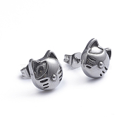 Retro 304 Stainless Steel Stud Earrings, with Ear Nuts, Cat Shape, Antique Silver, 10x9.3mm, Pin: 0.7mm(EJEW-L248-032AS)