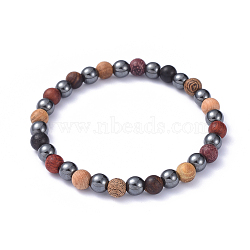 Stretch Bracelets, with Wood Beads and Non-Magnetic Synthetic Hematite Beads, Round, 2-1/4 inch(5.7cm), Beads: 6~6.5mm(BJEW-JB05050-02)