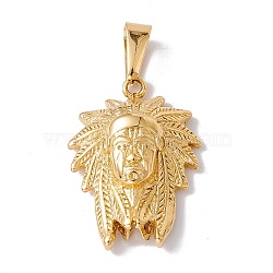 Vacuum Plating 304 Stainless Steel Pendants, Indian Chief Head Charm, Golden, 33x23.5x8mm, Hole: 9.5x4.5mm(STAS-H170-10G)