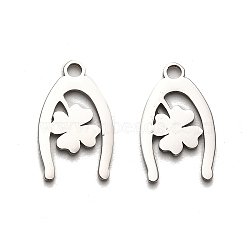 316 Surgical Stainless Steel Charms, Laser Cut, Horseshoe with Clover Charm, Stainless Steel Color, 15x9x1mm, Hole: 1.6mm(STAS-H190-14P-05)