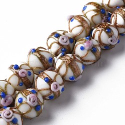 Handmade Gold Sand Lampwork Beads Strands, Round with Flower, White, 13~15x11~13mm, Hole: 1.6mm, about 45pcs/strand, 20.47 inch~21.06 inch(52cm~53.5cm)(LAMP-T017-05G)
