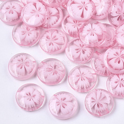 Translucent Buttons, Resin Sewing Button, Bead in Bead, Flat Round with Flower Pattern, Pink, 14x3.5mm, Hole: 1mm, about 250pcs/bag(RESI-S388-03C)