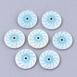 Natural Freshwater Shell Beads, Double-side Printed, Flat Round with Evil Eye, Light Sky Blue, 18x3mm, Hole: 1mm(SHEL-R023-04C)
