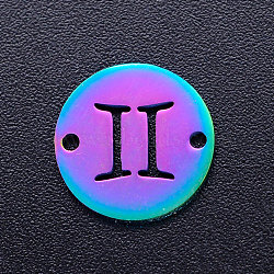 Ion Plating(IP) 201 Stainless Steel Links, Flat Round with Constellation/Zodiac Sign, Rainbow Color, Gemini, 12x1mm, Hole: 1.2mm(STAS-T040-JN167-3)