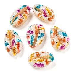 Printed Natural Shell Beads, Shell Shape, No Hole/Undrilled, Sea Horse, 16~24x11~15x7~8mm, Hole: 1~2mm(BSHE-G037-01B)