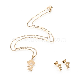 304 Stainless Steel Jewelry Sets, Cable Chains Pendant Necklaces and Stud Earrings, with Lobster Claw Clasps and Ear Nuts, Boy, Golden, 17.72 inch(45cm), 1.5mm, 10.5x7.5mm, Pin: 0.8mm(X-STAS-K196-17G)