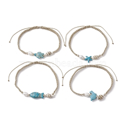 4Pcs 4 Style Synthetic Turquoise Braided Bead Anklets Set, Fish & Starfish & Turtle, Old Lace, Inner Diameter: 2-1/2~4-1/2 inch(6.4~11.5cm), 1Pc/style(AJEW-AN00570)