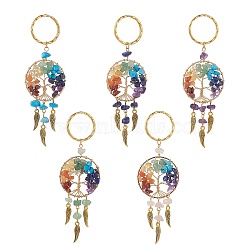 Natural & Synthetic Mixed Stone Keychain, with Iron Split Key Rings, Alloy Wing Charms and Mixed Gemstone Tree of Life Linking Rings, 11.2cm(KEYC-JKC00435)