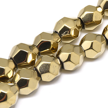Electroplate Non-magnetic Synthetic Hematite Beads Strands, Faceted Round, Light Gold Plated, 8x8x7.5mm, Hole: 1mm, about 50pcs/strand, 15.7 inch