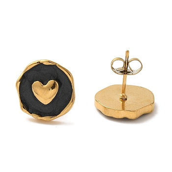 Ion Plating(IP) 304 Stainless Steel Flat Round with Heart Stud Earrings, wtih Enamel, Real 18K Gold Plated, 13x12.5mm