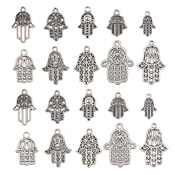 100Pcs 10 Styles Tibetan Style Alloy Pendants, Cadmium Free & Lead Free, Hamsa Hand/Hand of Miriam, Antique Silver, 17x13x2mm, Hole: 2mm, 10pcs/style