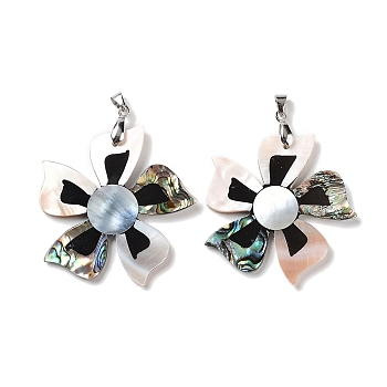 Natural Paua Shell & Black Lip Shell & White Shell Pendants, Flower Charms with Stainless Steel Color Tone Stainless Steel Snap on Bails, 49.5x48x3.5mm, Hole: 6x4.2mm