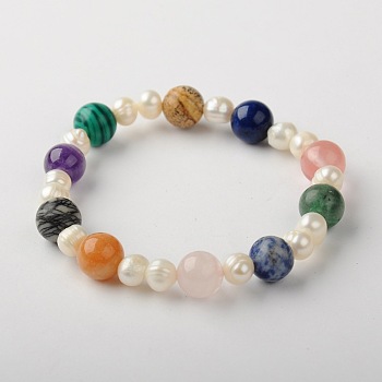 Gemstone Beads Stretch Bracelets, with Grade B Pearl Beads and Elastic Fibre Wire, Mixed Color, 55mm