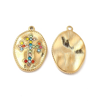 Vacuum Plating 201 Stainless Steel with Rhinestone Pendants, Real 18K Gold Plated, Oval with Cross Pattern Charms, Colorful, 23x16x3.5mm, Hole: 1.2mm
