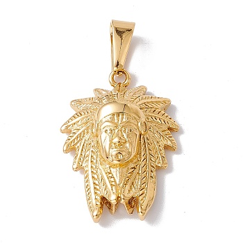 Vacuum Plating 304 Stainless Steel Pendants, Indian Chief Head Charm, Golden, 33x23.5x8mm, Hole: 9.5x4.5mm